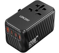 LENCENT Adaptador Enchufe Universal GAN 120W, Cargador Internacional con 3 PD3.0 Tipo C+1 QC USB A, Adaptador de Viaje Carga Rápida para Móviles, Tabletas, Portátil, EU/USA/UK/AU, Negro