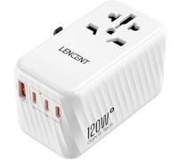 LENCENT Adaptador Enchufe Universal GAN 120W, Cargador Internacional con 3 PD3.0 Tipo C+1 QC USB A, Adaptador de Viaje Carga Rápida para Móviles, Tabletas, Portátil, EU/USA/UK/AU, Blanco
