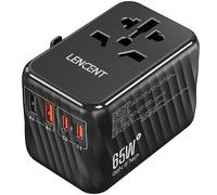 LENCENT Adaptador Enchufe Universal GAN 65W, Adaptador Internacional con 2 PD 3.0 Tipo C+2 QC USB A Carga Rápida, Adaptador Enchufe Europeo para Móvil, Tableta, Portátil, EU/USA/UK/AU, Negro