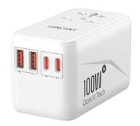 LENCENT Adaptador Enchufe Universal GAN III 100W, Cargador Internacional con 2 QC4.0 USB-A y 2 PD3.0 USB-C PPS Carga Rápida, Adaptador de Viaje para Móviles, Tabletas, Portátil, Tipo A/C/G/I, Blanco