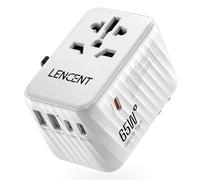 LENCENT Adaptador Enchufe Universal GAN III 65W, Cargador Internacional con 2 USB-A y 3 Tipo-C PD Carga Rápida, Adaptador de Viaje para Móvil, Tableta, Portátil (EU/USA/UK/AU), Blanco