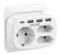 LENCENT Enchufe USB 7 en 1 adaptador de enchufe, 3 compartimentos doble Euro y 1 Schuko enchufe múltiple con 3 conectores USB y USB-C, enchufe doble para toma de corriente