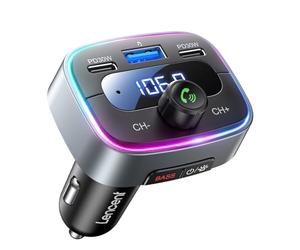 LENCENT Transmisor FM Bluetooth 5,4 Auto 60W, Carga Rápida con 2 USB-C (PD 30W), Manos Libres Adaptador de Música para Coche, Reducción de Ruido CVC, Deep Bass Hi-Fi con LED de 7 Colores y Memoria USB