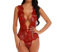 Lencera Mujer Body de Mujer con Escote en V Profundo y Flores de Encaje Rojo con Espalda Abierta y Mangas Cortas con Cordones y lencería con Estampado en la Parte Posterior Medias Abiertas (Red, M)