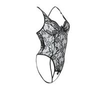 Lencería erótica de moda para mujer, 1 pieza, sexy, esqueleto, engranaje abierto, no se quita a través del lago, lencería con tirantes y medias y entrepierna abierta, Negro , XL