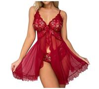 Lencería erótica para mujer, sexy, color sólido, con lazo, encaje, malla, falda larga erótica abierta, Navidad, invierno, rojo, S