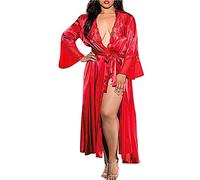 Lencería larga tipo kimono para baño, bata de encaje, lencería de seda para mujer, rosso, S