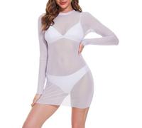 Lencería Malla Sexy Mujer Mini Vestido Encaje Rejilla Transparente,Bodycon Camisón Muñeca Ajustado,Encubrimientos Bikini Cortas Mangas Largas, Ropa Dormir Nocturno Enagua Disfraz (blanco, One Size)