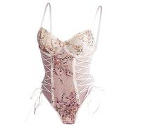 Lencería Mujer Sexo Lencería Lencería Lencería Sexy Lujo Medias Malla Transparente Mujer Bordado Floral Botella Blanca Impreso Mono Femenino Puro Deseo Bordado Encaje Up, beige, M