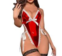 Lencería Sexy Body para Mujer Mono Ropa Interior Cuello en V Profundo Conjuntos de Lenceria PU Curvy Bodysuit Una Pieza Babydoll Leotardo de Noche Bodis Peluche Teddy Charol Negro Encaje Bordado