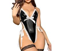 Lencería Sexy Body para Mujer Mono Ropa Interior Cuello en V Profundo Conjuntos de Lenceria PU Curvy Bodysuit Una Pieza Babydoll Leotardo de Noche Bodis Peluche Teddy Charol Negro Encaje Bordado