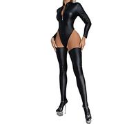 Lenceria Sexy Conjunto Vestido Mujer para Sexo Tallas grandes elástico Cuero PU Cuero Discoteca Cremallera Medias de manga larga Lencería (Top + 1 Lenceria Mujer Muy Sexy Prendas Intimas de (Black, M)