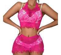 Lencería sexy para mujer 2026 Mujeres Borla Pura Fishnet a juego Clubwear Lady Party Bodystocking Lencería de encaje sujetador liguero conjunto erótico sujetador, Rosa intenso., talla única