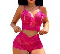 Lencería sexy para mujer con gargantilla, conjunto de dos piezas para mujer, escote de encaje, hueco, pasión, ropa interior para hombre, lencería de satén, Rosa intenso., L