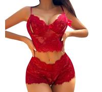 Lencería sexy para mujer con gargantilla, conjunto de dos piezas para mujer, escote de encaje, hueco, pasión, ropa interior para hombre, lencería de satén, rojo, M