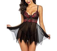 Lencería sexy para mujer, de malla transparente, elegante, de encaje, patchwork, picardías con tirantes finos, ropa de noche, ropa de dormir, ropa interior, O rojo., L
