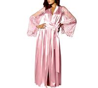 Lencería sexy para mujer, ropa interior de satén largo, camisón de seda de encaje de belleza, vestido de noche, pijamas, túnica sexy, Rosa., XL