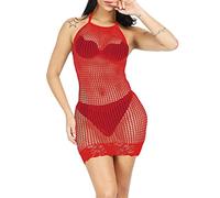 Lencería Sexy Rejilla Sin Mangas Mujer,Mini Vestido Babydoll Halter,Bodycon Encaje Malla Transparente,Ropa Interior Sin Espalda Cordones,Ropa Dormir Camisón Una Pieza Ajustada Clubwear (Rojo)