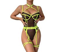 Lencerías Mono ajustado elástico para mujer Ver a través del cuello Color contrastante Combinación de dos piezas ropa interior sexy (guantes no incluidos) Pantalones cortos y top Lencería, verde, XL