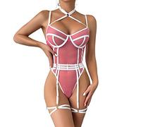 Lencerías Mono ajustado elástico para mujer Ver a través del cuello Color contrastante Combinación de dos piezas ropa interior sexy (guantes no incluidos) Pantalones cortos y top Lencería, blanco, XL