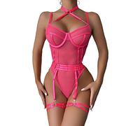 Lencerías Mono ajustado elástico para mujer Ver a través del cuello Color contrastante Combinación de dos piezas ropa interior sexy (guantes no incluidos) Pantalones cortos y top Lencería, rosa, XL