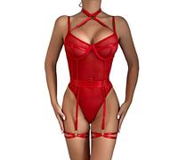 Lencerías Mono ajustado elástico para mujer Ver a través del cuello Color contrastante Combinación de dos piezas ropa interior sexy (guantes no incluidos) Pantalones cortos y top Lencería, rojo, S
