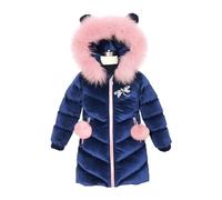 Lengender Niñas Abrigo Grueso Otoño Invierno Terciopelo Dorado Medio Largo Ropa Abrigo de Plumas Caliente Capucha de Piel Cremallera Bolsillos Anorak (Azul, 160)