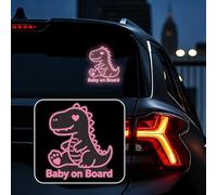 Leniutor 1 calcomanía reflectante de dinosaurio bebé a bordo, advertencia de seguridad, impermeable, vinilo para coche, señal de visibilidad nocturna para parachoques de ventana de coche (rosa)