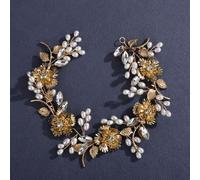 Lenjicons Diadema vintage de hojas doradas con diamantes de imitación para el pelo y hojas de flores doradas, diadema para novia, dama de honor