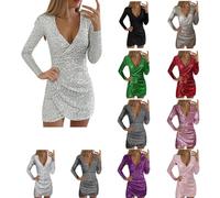 Lentejuelas parte superior para mujer, parte superior metálica, vestido de lentejuelas hasta la rodilla, corto, con purpurina, manga larga, cuello en V, brillante, sexy, vestido de cóctel, bodycon