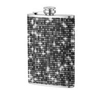 Lentejuelas plateadas negras con patrón elegante y brillante,Frasco de acero inoxidable 304 de 8 oz con funda de cuero sintético, frasco de bolsillo para licor plano para exteriores