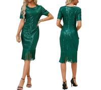 Lentejuelas Retro, Cuello Redondo, Mangas Cortas envueltas en borlas Vestido de Fiesta Sexy