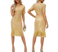 Lentejuelas Retro, Cuello Redondo, Mangas Cortas envueltas en borlas Vestido de Fiesta Sexy