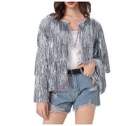 Lentejuelas Top Mujer Hiphop Manga Larga Chaqueta con Flecos 60 70 Años Ropa Exterior Lentejuelas Manga Larga Abrir Frente Chaquetas con Borlas Blazer Clubwear