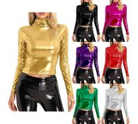 Lentejuelas Top Mujer Manga Larga Brillante Tops Mujer Festival Brillante Blusa Glamour Camisa Cuello Alto Nochevieja Elegante Camiseta de Mujer Llamativa Tops Moderna Ropa Exterior, Blanco, L