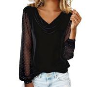 Lentejuelas tops mujer elegante brillante manga larga cuello en V camiseta llamativo brillante parte superior ligera manga transparente túnica brillante blusa fiesta terciopelo manga larga festivo