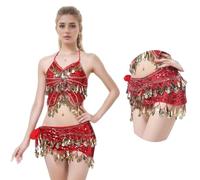 Lentejuelas triángulo danza del vientre bufanda cadera flecos cinturón faldas fiesta rave disfraz para mujer, Rojo, Talla Única