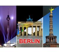 lentikular tarjeta de postal con cambio de/Motivo: Berlin de día y de noche - con Bran denburger portería, Fernsehturm de Berlín y Victoria Columna al Festival of Lights