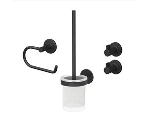 Lenz Nero 4590051 - Juego de Accesorios de baño, Soporte para Papel higiénico, escobilla y Dos Ganchos para Toallas, 4 Piezas, para Pegar o perforar, con Superficie antihuellas