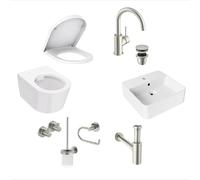 Lenz Set de baño de invitados PERFECT Fit 8 piezas acero inoxidable - WC de pared con asiento de descenso automático, lavabo, grifería económica, sifón y juego de accesorios de baño, 41050011