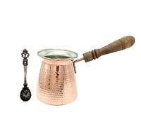 LEO Design Cafetera turca de 5 tamaños, cafetera griega árabe para estufa de 3 mm de grosor, martillada maciza, hecha a mano, de cobre, grabado Cezve Ibrik Briki con mango de madera para 2-8 personas