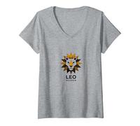 Leo Temporada Zodiaco León Geométrico Camiseta Cuello V, Mujer, Gris Jaspeado, M