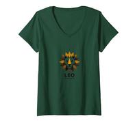 Leo Temporada Zodiaco León Geométrico Camiseta Cuello V, Mujer, Verde Bosque, XL