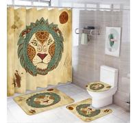 Leo Zodiac Shower Curtain Set, 4-Piece Lion Astrology Bathroom Decor with Tribal Geometric Includes Bath Mat Contour Rug & Toilet Lid Cover Celestial Horoscope Bathroom Set (4pcs Curtain & Mats)