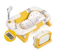 Leogreen Bañera Bebe, Bañera Plegable Bebé con Alfombrilla de Baño, Bañera Bebé con Termómetro Digital Portátil de Viaje y Bandeja, Esencial para Recién Nacidos de 0 a 36 Meses