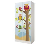 leomark Armario Blanco Roma 2 Puertas para Dormitorio Infantil Juvenil o Recibidor, con Estantes y Espacio para Colgar Ropa, Diseño Moderno, Mueble de Madera MDF 70x42,5x161,5 cm (Búhos)