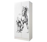 leomark Armario Funcional de Madera - Roma - con Puertas correderas, Dim: 70 x 42,5 x 161,5 cm (Alto) Blanco Armario para niños (Caballo al Galope), para Habitacion Bebés Guardería Dormitorio