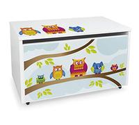 leomark Caja Banco de Madera Blanca con Almacenamiento 71x40x46 cm Búhos | Ancho: 40 cm, Alto sin ruedas: 41 cm, Diámetro de la rueda: 30 mm, 79 x 49 x 13 cm, Peso 14 kg, Tiempo de montaje, 20 minutos