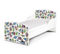 leomark Cama Infantil Completa de Madera - Mundo Cósmico - Marco de Cama, Colchón, Somier, Blanco Muebles para Niños, Moderno Dormitorio, Impresa Mobiliario, Espacio para Dormir: 140/70 cm