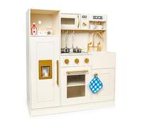 Leomark Cocina de Juguete de Madera Roma Color Crema con Accesorios, Microondas, Horno, Fregadero y Grifo Dorado, Dispensador de Hielo, Utensilios Metálicos, Olla, Sartén y Tazas, Juego para Niños